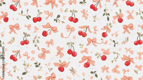 Vector template featuring coquette cherry and bow seamless pattern with cute ribbon and vintage girly aesthetic, pastel colors and soft textures