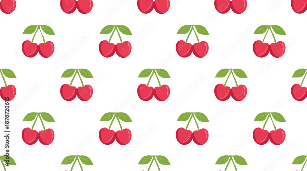 Obraz premium template featuring a seamless pattern of stylized heart-shaped cherries with vibrant green leaves on a soft pink background, created with a flat design