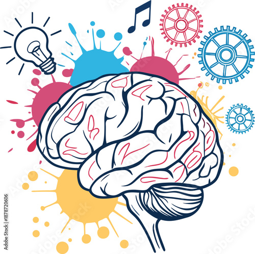 Vibrant brain illustration with creative gears and light bulb ideas