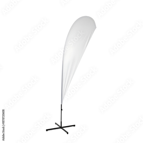 White teardrop flag on black stand against white background banner feather flag