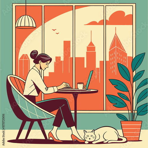 Remote worker with cat in modern home office with city view