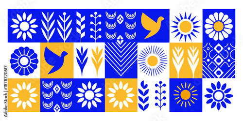 a collection of blue white and yellow squares with various floral and bird designs