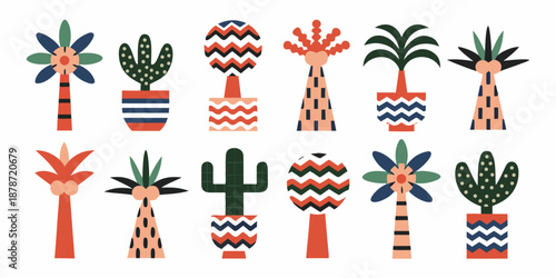 a collection of colorful cartoon cacti and palm trees in pots