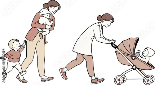 Happy family with two children walking together outdoors