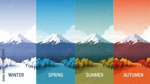 Four distinct panels depict a snow capped mountain range changing through the seasons from winter to autumn