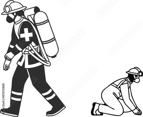 Vector Illustration Set of Emergency Responders and Firefighters in Full Protective Gear for Safety Concepts