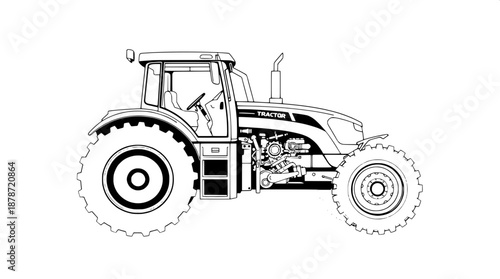 Minimalist tractor vector art with a monochrome palette featuring precise mechanical details, thick bold outlines, and smooth flowing curves, set against a pristine isolated white background, showcasi