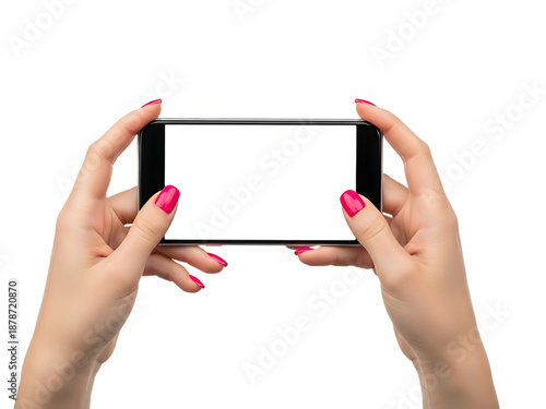 Woman hands holding smartphone horizontal with blank white screen and bright pink nails mobile phone