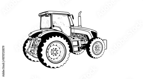 Minimalist tractor vector art with a monochrome palette featuring precise mechanical details, thick bold outlines, and smooth flowing curves, set against a pristine isolated white background, showcasi