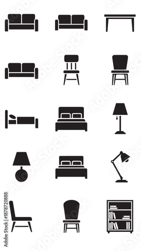 Collection of monochrome furniture icons featuring couches chairs lamps and tables.