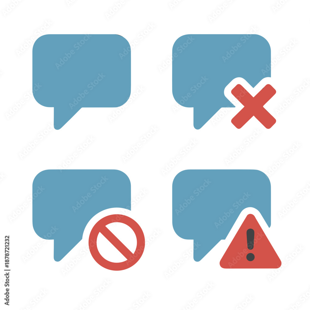 Fototapeta premium Set of 4 Flat Vector Speech Bubble Icons – Normal, Muted, Blocked, and Warning Variants, Consistent Style, Simple Shapes, Solid Colors