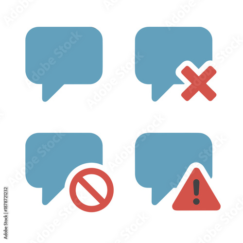 Set of 4 Flat Vector Speech Bubble Icons – Normal, Muted, Blocked, and Warning Variants, Consistent Style, Simple Shapes, Solid Colors