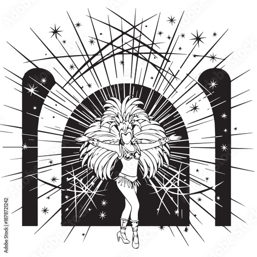 Stylized lion gymnast performing on rings with radiant starburst backdrop and bold lines.