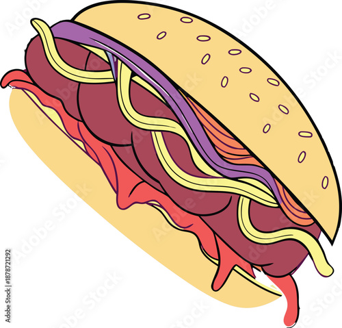 Delicious hot dog with colorful condiments on bun