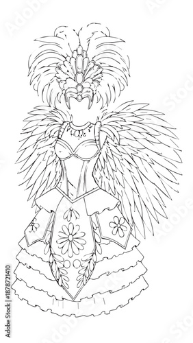 Intricate Carnival Showgirl in Elaborate Feathers Costume.