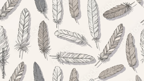 A delicate pattern showcasing sketched feathers in varying shades of brown and gray on a cream background