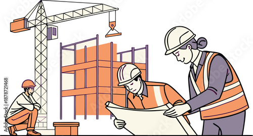 Construction workers in hard hats reviewing building plans on site with crane