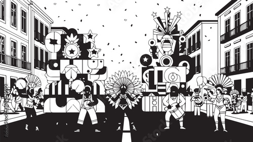 Monochrome city parade scene featuring crowds, musicians and decorative floats along a bustling street.