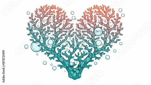 A vibrant heart shaped illustration crafted from detailed coral formations and gentle floating bubbles marine life