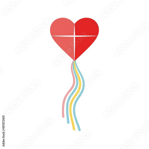 Heart-shaped kite flying with colorful ribbons on white background  
