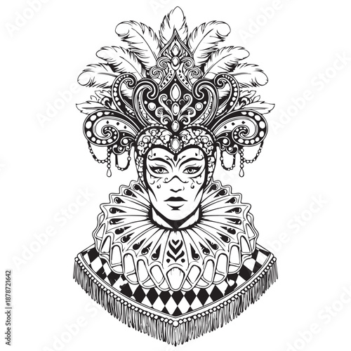 Intricate Masquerade Headdress Portrait in Black and White Line Art.