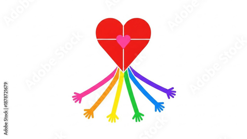 Heart with colorful arms extending outward on plain background for Valentine's Day  