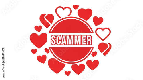 Red hearts surrounding scammer text symbolizing caution for valentine's day  