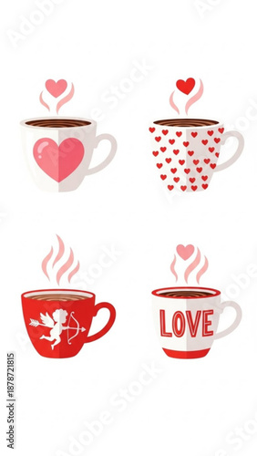 Colorful coffee cups with hearts for valentine's day concept  