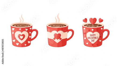Red mugs with hearts and hot chocolate for Valentine's Day  