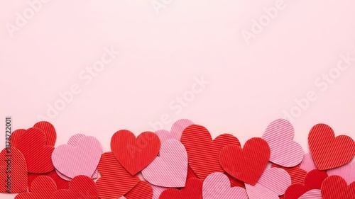 Red and pink paper hearts forming border on pastel pink background stop motion