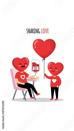 Two heart characters sharing love with a balloon and card on Valentine's Day  