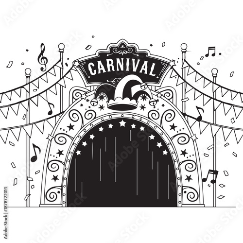 Decorative carnival arch entrance with festive pennants, banners, and string lights in a monochrome illustration.