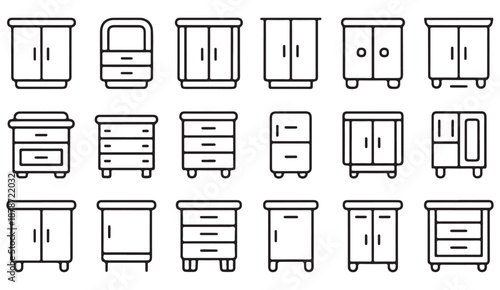 Furniture storage outline icon set with cabinets drawers and wardrobes