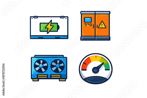 Set of four icons representing technology and power