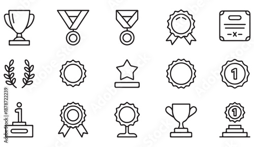 Business award and competition icons with trophies and badges isolated on white