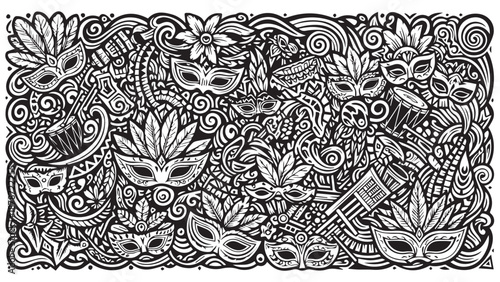 Intricate black and white doodle pattern with fantastical creatures and tribal motifs.