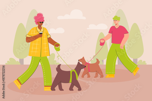 Happy people walking with dog in park. Walk Your Dog Month.  Outdoor activity with pet. Trendy vector illustration in flat style.