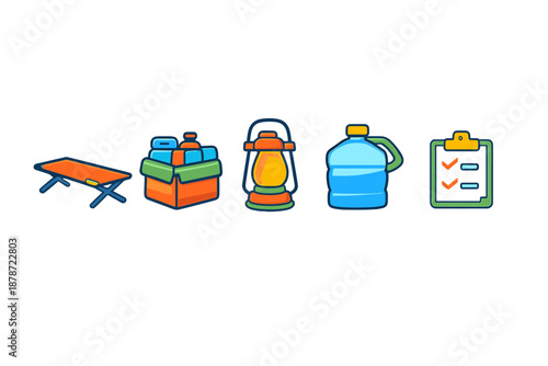 Camping icons in a row on a dark gradient background