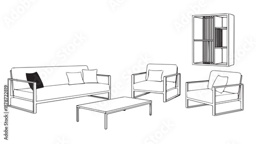 Minimalist line drawing of a modern living room with sofa, chairs, tables and cabinet furniture.