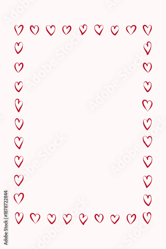 Vertical frame with hand drawn ink hearts and copy space. Modern template for decoration of card, poster, invitation, cover and other designs. Flat vector illustration in sketch style