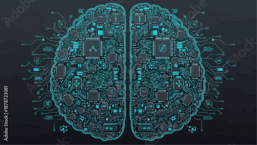 A digital brain concept visualized with intricate circuitry and glowing blue lines against a dark background