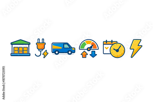 Set of colorful icons representing electricity, transportation, and time