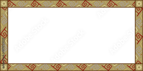 Decorative rectangular frame with an intricate geometric pattern in earthy tones, featuring reddish-brown spirals and tan diamond shapes.