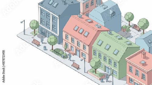 Isometric illustration depicting a quaint cityscape with stylized buildings trees benches and tiny pedestrian figures high quality