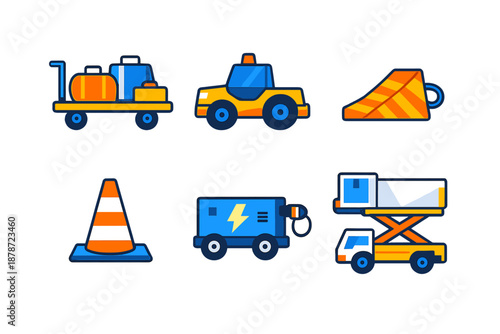 Airport service vehicle icons on a dark background