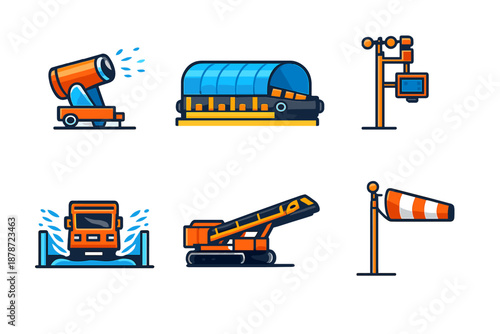Set of industrial icons with equipment and weather instruments