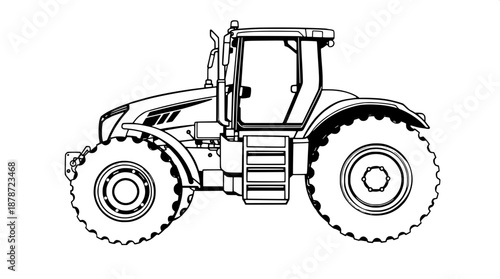 Monochrome heavy farm tractor silhouette in side profile view, rendered as thick black line art with minimal shading, presented as a professional vector illustration, isolated on a clean white backgro