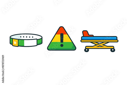 Hospital Icons: Wristband, Warning Sign, and Stretcher