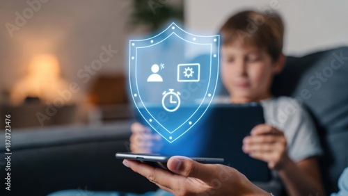 Child using a tablet with a digital shield icon, symbolizing cybersecurity, personal data protection, and online safety, focusing on educating kids about secure digital practices and safe internet usa