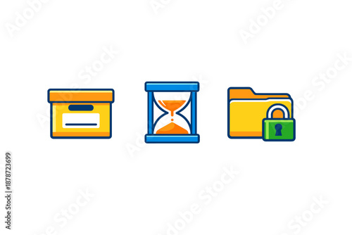 Three digital icons: archive box, hourglass, and locked folder